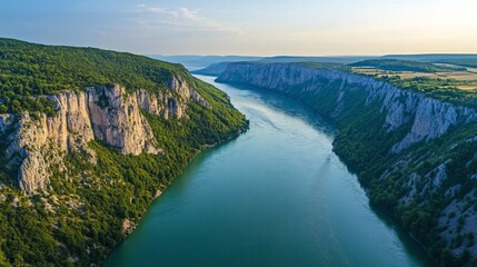 Naklejka premium Breathtaking View of Danube River Winding Through Dramatic Cliffs in a Serene Landscape During Daylight Hours