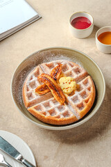 Golden Waffles Caramelized Bananas Butter and Powdered Sugar