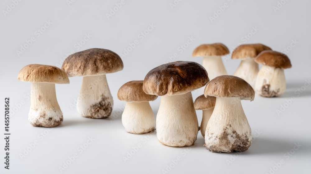 Aufkleber group of fresh boletus mushrooms with earthy stems, placed on a white surface, ideal for culinary pr