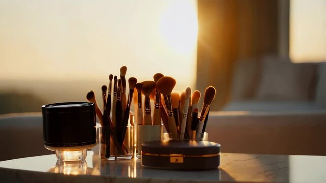 Sunset-lit makeup brushes in glass and ornate holders on a marble surface