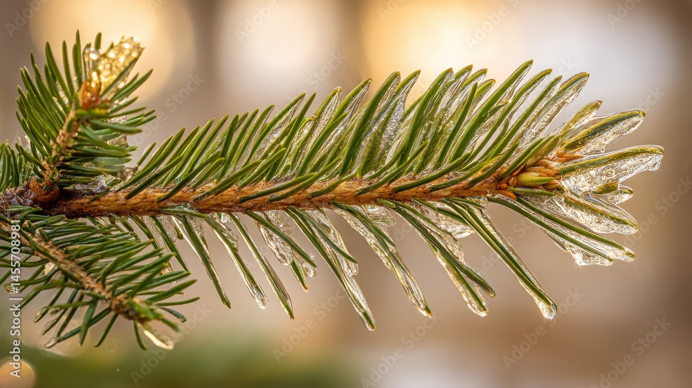 Leinwandbilder a single spruce branch displays glistening icicles, gently hanging in a blurred light environment, c