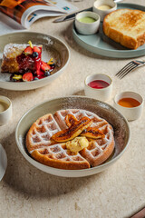 Golden Waffles with Caramelized Bananas A Delicious Breakfast Scene