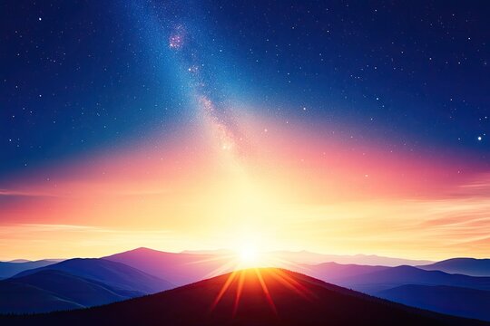 A breathtaking sunrise over a mountain range, with a vibrant galaxy. Majestic peaks silhouetted against the colorful sky.  A spectacular mix of sunrise hues and celestial bodies - Powered by Adobe
