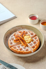 Golden Waffles Buttery Caramelized Bananas Powdered Sugar Delight