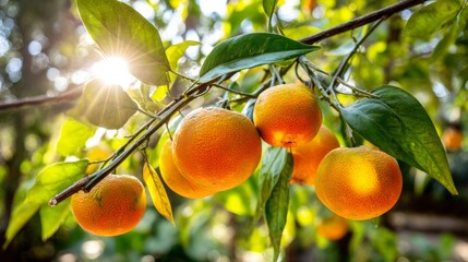 Clusters of ripe oranges dangle from leafy branches, bathed in gentle sunlight, evoking a calm and vibrant atmosphere in a lush outdoor environment