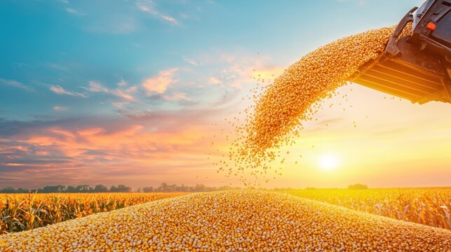 Combine harvester collecting corn maize crop and unloading into trailer in agricultural field