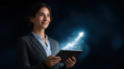 A woman is holding a tablet and smiling