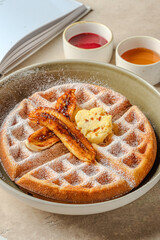 Golden Waffles Caramelized Bananas Butter Powdered Sugar