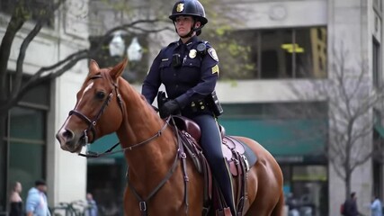 A police officer in uniform rides a horse through a bustling downtown location, engaging with the public and ensuring safety in the area. The atmosphere reflects community interaction and security.