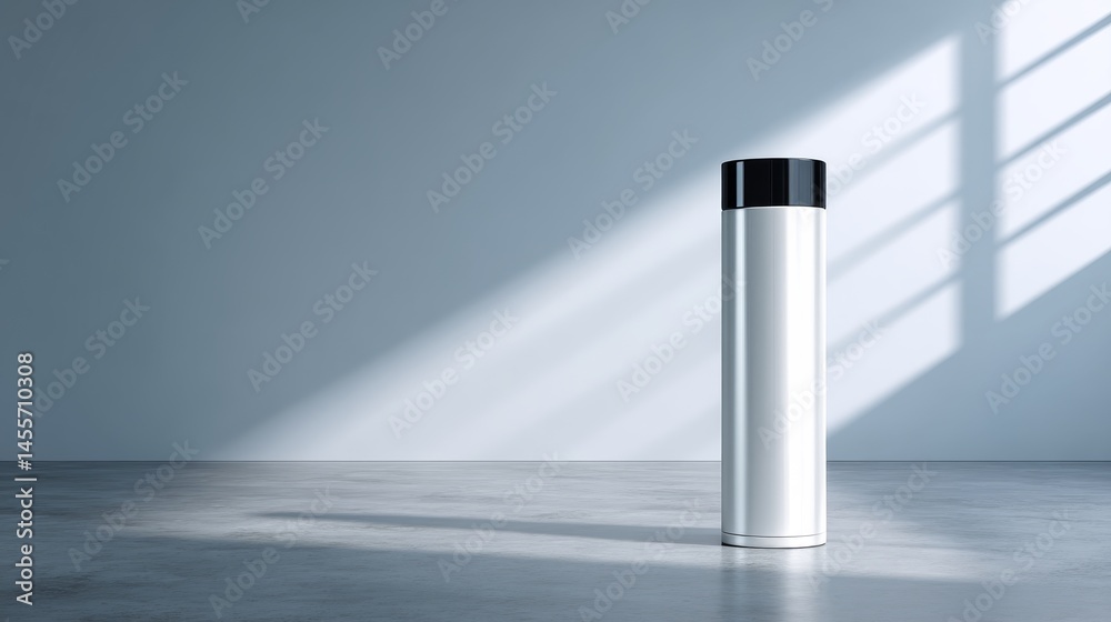 Aufkleber a sleek white tube product with a black cap stands upright, illuminated by strong sunlight that crea