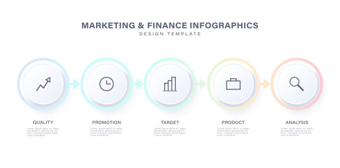 Round infographic elements with five steps or options. Marketing and business infographics with icons and space for data