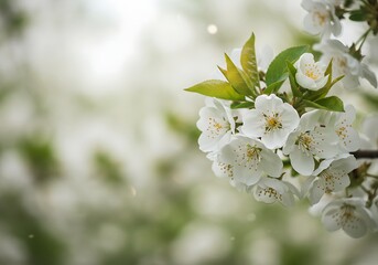 Close-up of delicate white spring blossoms with yellow centers on a branch, set against a soft natural bokeh background