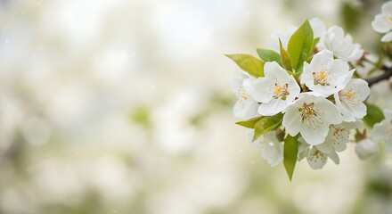 Elegant image of white spring flowers and new green leaves, presented with a beautiful bokeh effect.