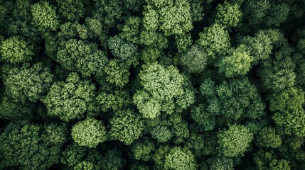 Naklejka premium Vibrant Green Forest Canopy Captured From Above Showcasing Diverse Tree Species Under Bright Sunlight in a Serene Natural Environment