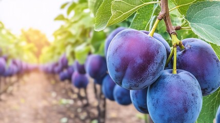 Plums hanging on branches in orchard