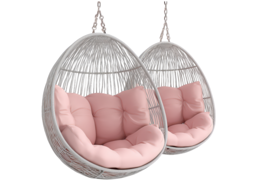 Pair Of White Rattan Hanging Chairs With Pink Cushions On Transparent Background