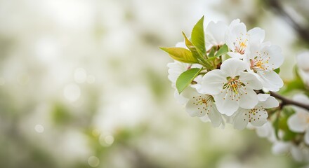 Obraz premium Beautiful white spring flowers blooming on a branch, captured with a soft, blurred background effect