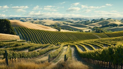 Fototapeta premium Vineyard rows in rolling hills landscape