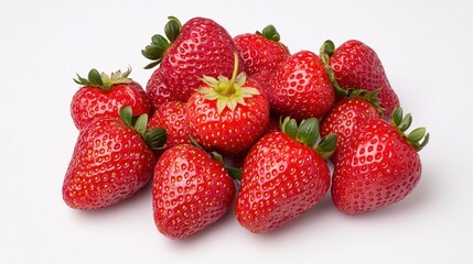 Pile of fresh strawberries with a single isolated fruit on a white background for food and health concepts