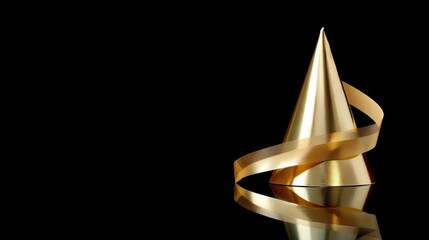 A gold party hat stands prominently on a matte black surface, reflecting light beautifully while casting delicate shadows, ideal for festive occasions or themed parties