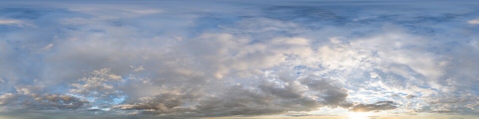 Fototapeta premium Cloudy sky with sun shining through clouds at sunset, 360 degree panorama
