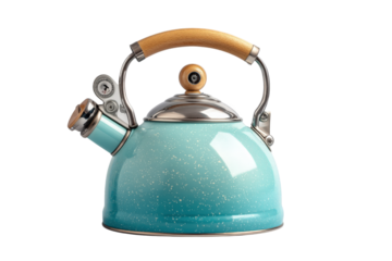 Pastel Blue Speckled Enamel Kettle With Wooden Handle On Transparent Background