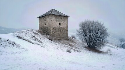A rugged stone tower rises through a fierce winter blizzard, standing firm as snow and wind lash its ancient walls.
