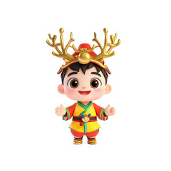 Fototapeta premium Cheerful 3D Render of a Boy in Traditional Chinese Costume with Deer Antlers Headwear