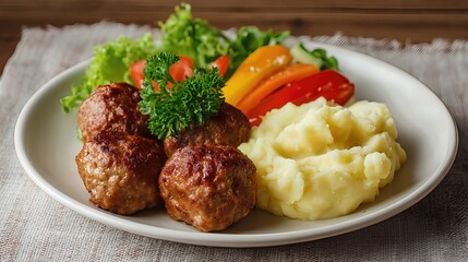 Juicy meatballs served with creamy mashed potatoes and colorful vegetables create a hearty, comforting homemade meal.
