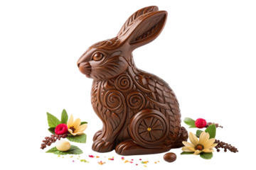 Cute brown chocolate Easter bunny with colorful eggs celebrates the spring holiday