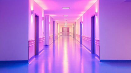 Empty hospital corridor bathed in vibrant pink and purple light.  Modern, sleek design