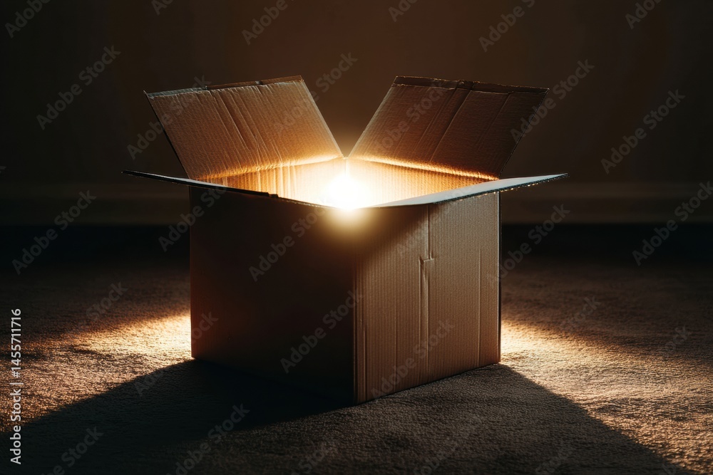 Poster mysterious open cardboard box emits glowing light in a dimly-lit room at night generative ai