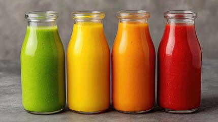 A vibrant lineup of smoothie bottles in green, yellow, orange, and red showcases a rainbow of fruits and vegetables packed with nutrients.
