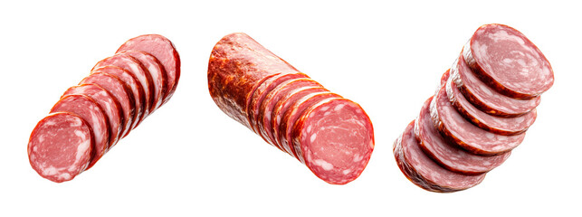 Set of Sliced smoked sausage Andouille showing fine texture and marbling, isolated on white transparent background, concept of deli meat