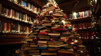 Fototapeta premium Stacked books form a christmas tree in a library.