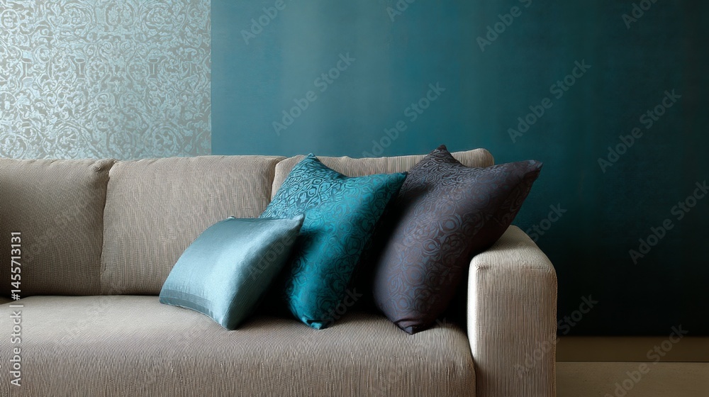 Aufkleber Modern seamless wallpaper features a blend of teal and gray geometric patterns, enhancing the stylish atmosphere with space for additional content on one side