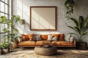 Rustic living room with terracotta sofa and blank canvas.