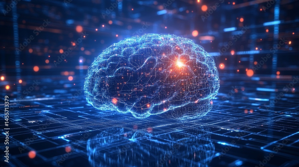 Poster Digital Brain With Glowing Neural Connections and Data Streams Creating a Futuristic Visualization of Intelligence in a Technology-Inspired Environment