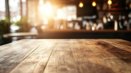 Empty wooden table cafe interior warm sunlight