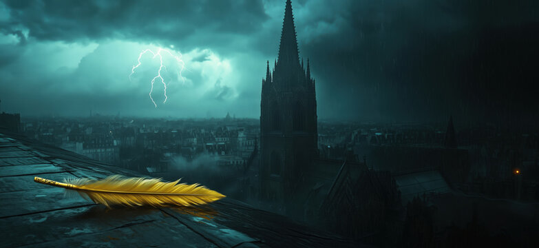 Golden feather on rooftop with stormy sky and lightning over gothic cathedral.