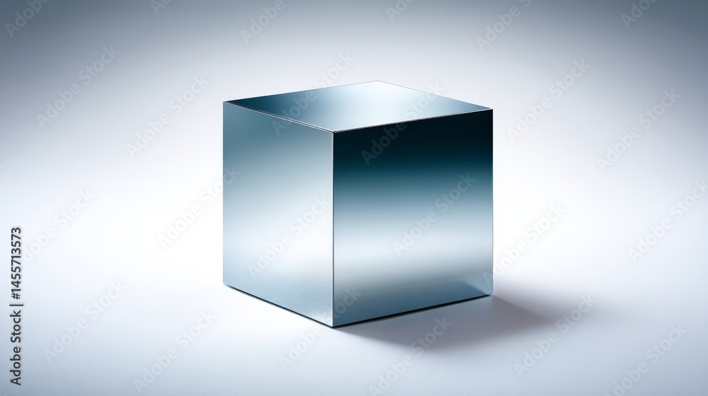 Poster A sleek mirror-finished cube stands in a three-quarter view, creating a soft shadow on a white surface while ambient light enhances its reflective surface