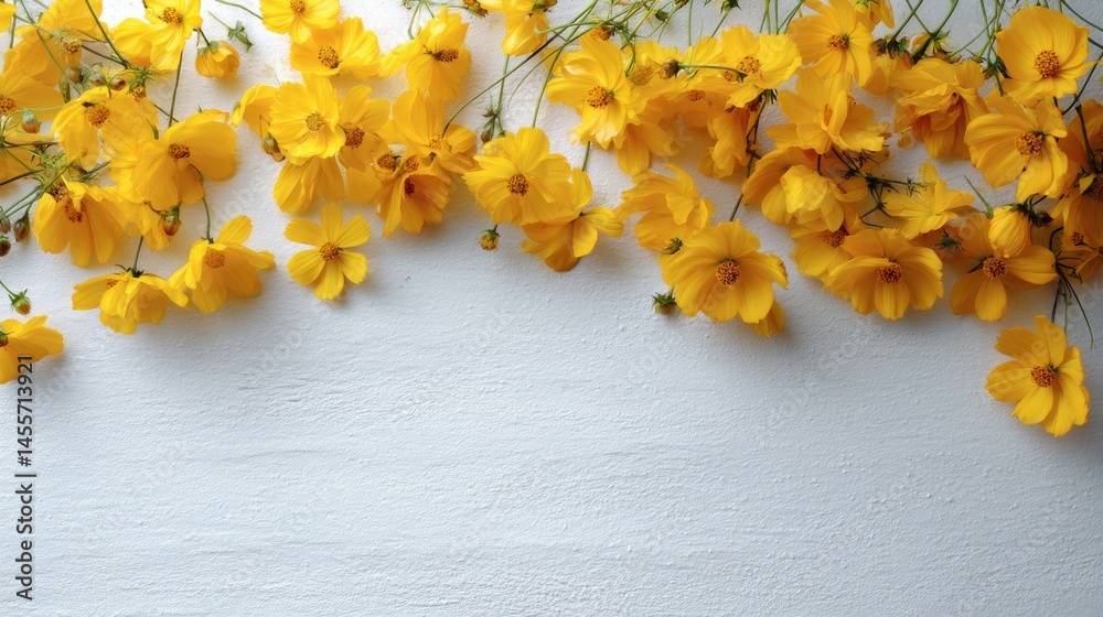 Poster bright yellow cosmos flowers are arranged in a top-down layout on a plain surface, showcasing their 