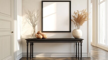 Elegant Entryway With Autumn Decor Featuring a Wooden Table, Framed Artwork, and Seasonal Touches in a Bright, Welcoming Space