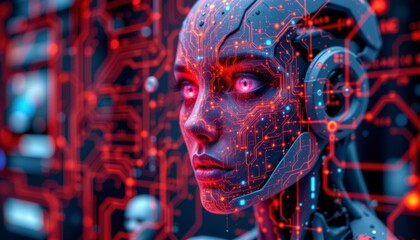 Close Up Portrait of a Female Cyborg with Glowing Red Circuitry on her Face, Futuristic Digital Art