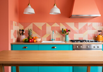 Modern Wooden Table in Vibrant Kitchen, Ideal for Showcasing Fresh Produce and Gadgets