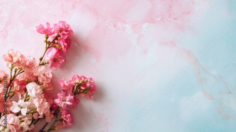 Poster delicate pastel flowers create a soothing gradient from light blue to pale pink on textured handmade