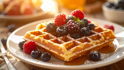 Warm Golden Hour Waffles with Fresh Berries