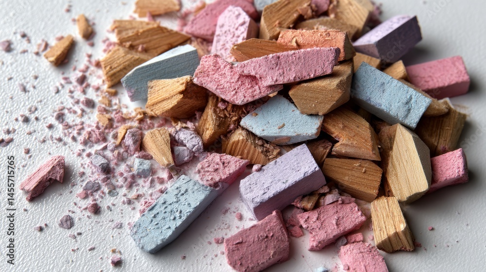 Poster colorful pastel chalk sticks and broken pencil tips are scattered on a textured white surface, enhan