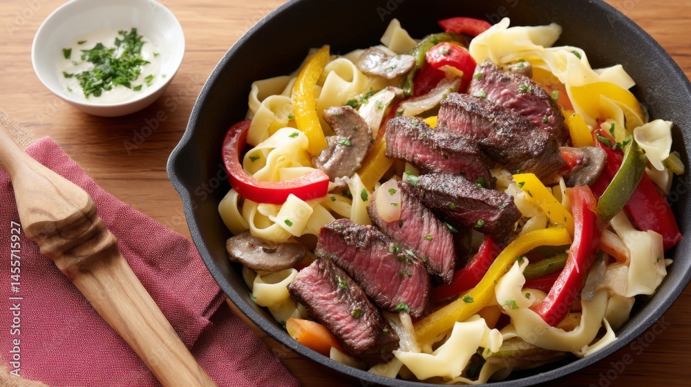 Aufkleber vibrant skillet showcases an array of vegetables and tender seared meat over noodles, beautifully ga