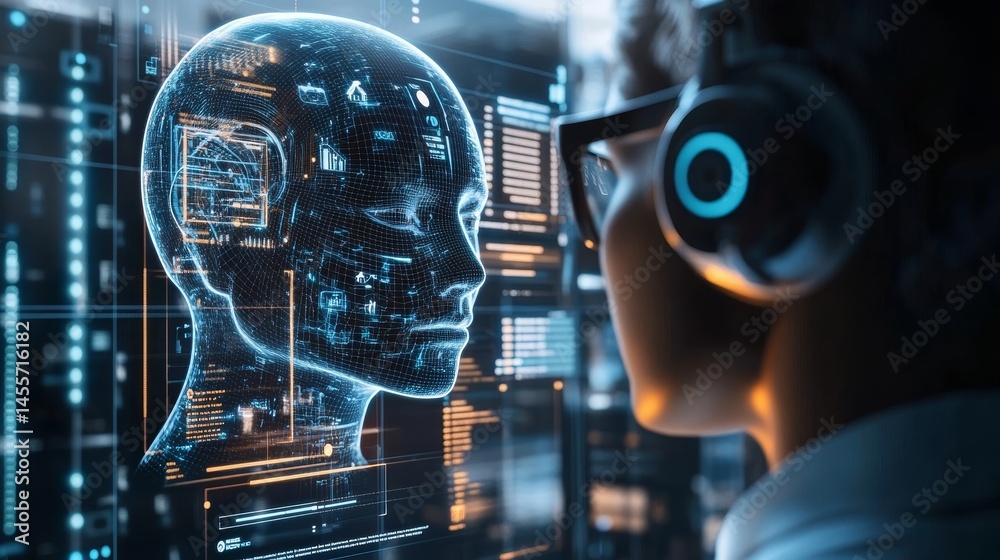 Poster digital interface showcasing artificial intelligence concepts with innovative design elements for us